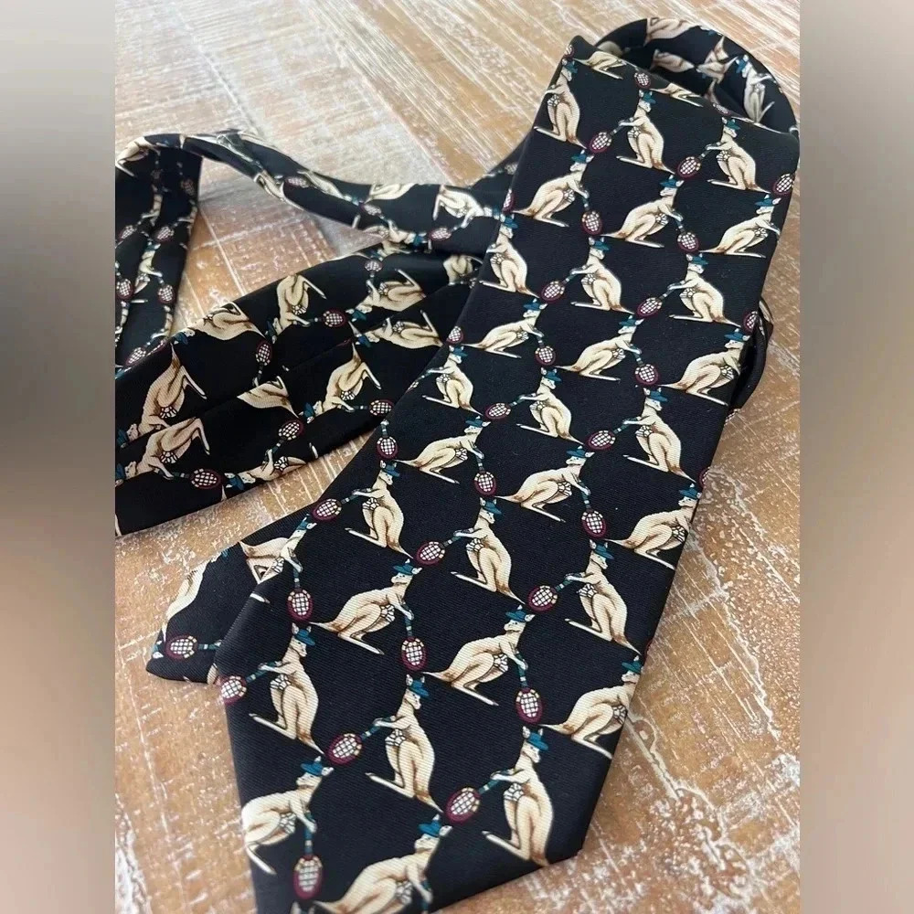 Brooks Brothers 100% Silk Tie kangaroos black navy red Wimbledon tennis racket